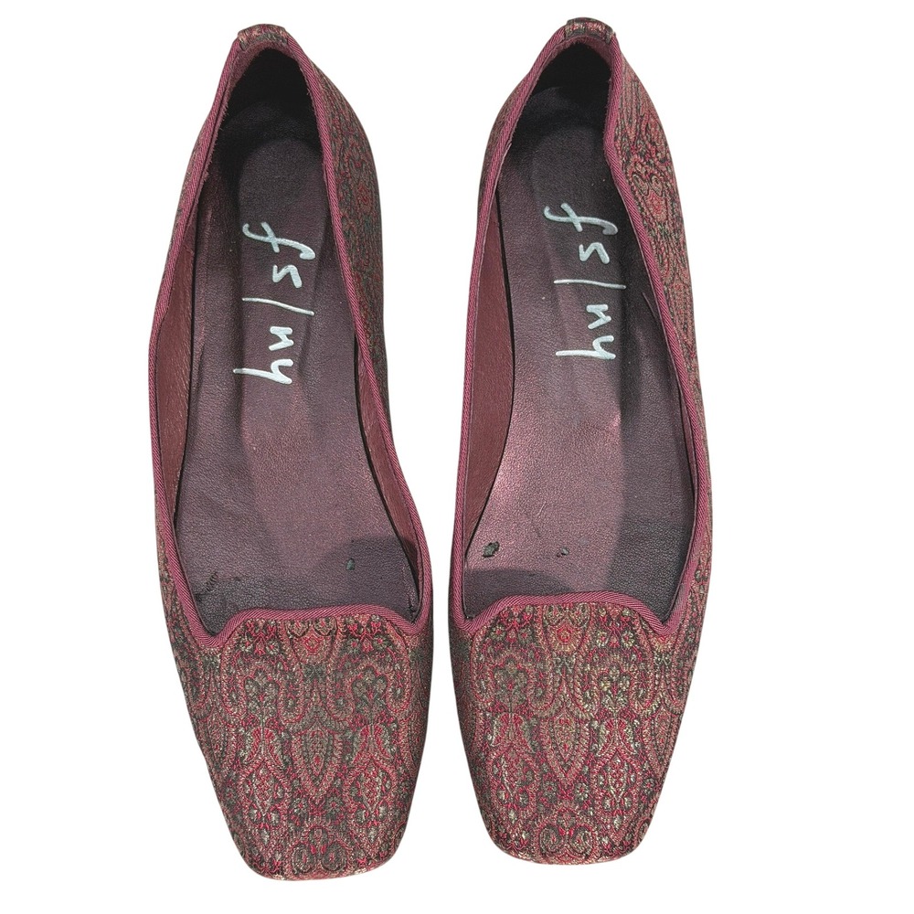 French Sole FS/NY Square Toe Ballet Flats Burgundy Wine Gold Tapestry Jacquard